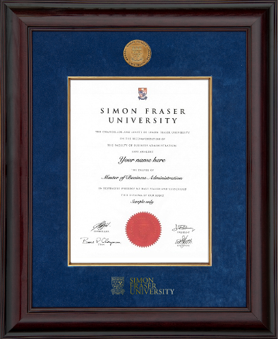 Glossy mahogany finish frame with blue velvet, SFU medallion and gold embossed SFU logo.